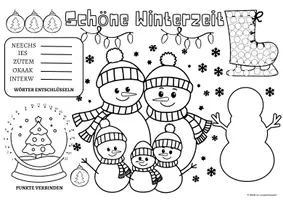 Vorschau - Mal- und Bastelvorlagen - Ausmalbilder Winter - Spiel- & Rätselmatte "Winter" - Rätseln & malen | Winter Rätsel | Aufgaben für Schnelle | Ich bin fertig Aufgaben | Lückenfüller - Seite 1