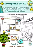Vorschau - Arbeitsblätter - Mathe Klasse 2 Rechenpuzzle ZR 100 Weihnachten, Wichtel Rechnen, Schneiden, Kleben - Deckblatt