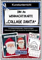 Vorschau - Mal- und Bastelvorlagen - Weihnachtskarte DIn A4 "Collage Santa" - Klasse 1 bis 4 auch als Kunstprojekt möglich - Deckblatt