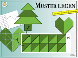 Vorschau - Spiele - Muster legen „Herz / Baum“ (und andere Formen; koloriert & zum Selbstausmalen; mit Lösungen) - geometrisches Vorstellungsvermögen schulen (Weihnachten / Weihnachtsbaum) - Seite 1