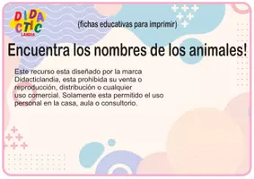 Vista previa - Hojas de trabajo - Encuentra los nombes de los animales - página 1