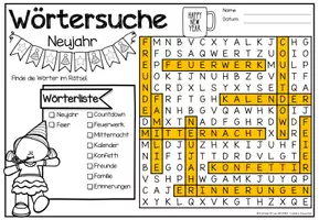 Vorschau - Arbeitsblätter - Wörtersuche Puzzle / Suchsel (Neujahr / Silvester) Aktivität - Seite 2