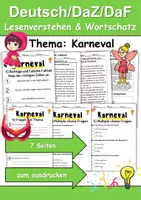 Vorschau - Arbeitsblätter - Fasching/Karneval Leseverstehen und Wortschatz - DaZ/DaF, Deutsch, Sachunterricht - Deckblatt