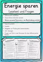 Vorschau - Stundenentwürfe - Lesetext Energie sparen Klasse 2, 3, 4 - Deckblatt