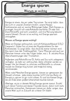 Vorschau - Stundenentwürfe - Lesetext Energie sparen Klasse 2, 3, 4 - Seite 1