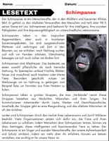 Vorschau - Arbeitsblätter - Schimpanse: Leseverständnis und Kreuzworträtsel mit Lösungen - Seite 1