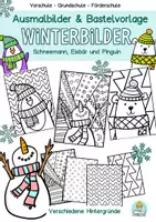 Vorschau - Arbeitsblätter - Winter Ausmalbilder Bastelvorlage Kunstunterricht Wintertiere (Schneemann, Eisbär, Pinguin) - Deckblatt