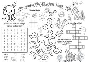 Vorschau - Arbeitsblätter - Spiel- & Rätselmatte "Plusaufgaben bis 10" | Rechnen - Malen & Rätseln | Aufgaben für Schnelle | Ich bin fertig Aufgaben | Lückenfüller - Seite 1