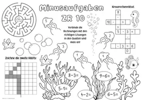 Vorschau - Spiele - Spiel- & Rätselmatte "Minusaufgaben bis 10" | Rechnen - Malen & Rätseln | Aufgaben für Schnelle | Ich bin fertig Aufgaben | Lückenfüller - Seite 1