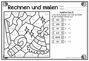 Vorschau - Arbeitsblätter - Rechen-Mal-Blätter - Addition bis 10 (Neujahr / Silvester) - Seite 1