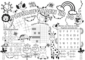 Vorschau - Mal- und Bastelvorlagen - Spiel- & Rätselmatte "Plusaufgaben bis 20" | Rechnen - Malen & Rätseln | Aufgaben für Schnelle | Ich bin fertig Aufgaben | Lückenfüller - Seite 1