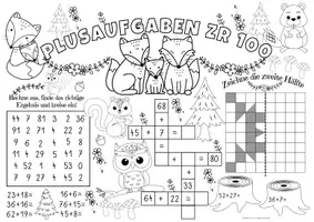 Vorschau - Arbeitsblätter - Spiel- & Rätselmatte "Plusaufgaben bis 100" | Rechnen - Malen & Rätseln | Aufgaben für Schnelle | Ich bin fertig Aufgaben | Lückenfüller - Seite 1