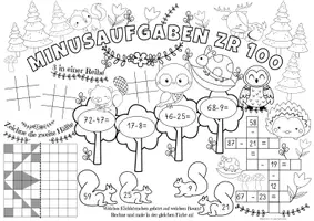 Vorschau - Mal- und Bastelvorlagen - Spiel- & Rätselmatte "Minusaufgaben bis 100" | Rechnen - Malen & Rätseln | Aufgaben für Schnelle | Ich bin fertig Aufgaben | Lückenfüller - Seite 1