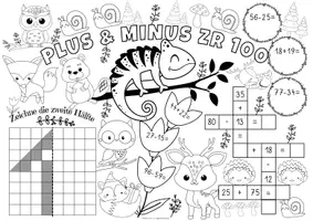 Vorschau - Mal- und Bastelvorlagen - Spiel- & Rätselmatte "Plus & Minus ZR 100" | Rechnen - Malen & Rätseln | Aufgaben für Schnelle | Ich bin fertig Aufgaben | Lückenfüller - Seite 1