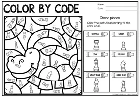 Aperçu - Feuilles d'exercices - Gratuit: Color by Code (Chess pieces) Anglais Échecs - Page 1