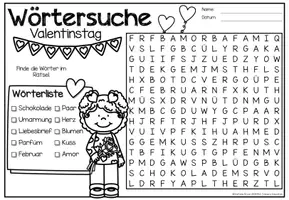 Vista previa - Hojas de trabajo - Wörtersuche / Suchsel (Valentinstag) Februar San Valentín Febrero Alemán - página 1