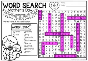 Aperçu - Feuilles d'exercices - Word Search Puzzle (Mother's Day) | Fête des Mères Anglais - Page 2