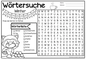 Aperçu - Feuilles d'exercices - Wörtersuche / Suchsel (Winter) Jahreszeiten Hiver Saisons Allemand - Page 1