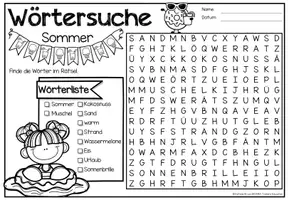 Aperçu - Feuilles d'exercices - Wörtersuche / Suchsel (Sommer) Jahreszeiten Été Saisons Allemand - Page 1