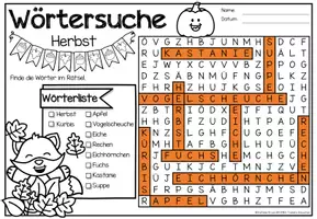 Aperçu - Feuilles d'exercices - Wörtersuche / Suchsel (Herbst) Jahreszeiten Automne Saisons Allemand - Page 2