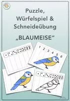 Vorschau - Arbeitsblätter - Puzzle, Würfelspiel & Schneideübung „BLAUMEISE“ (Zahlen bis 6 & Würfel) (Winter, Vögel, Meise, Frühling) - Deckblatt