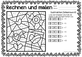 Aperçu - Feuilles d'exercices - Rechen-Mal-Blätter - Subtraktion ZR 10 (Valentinstag) Saint Valentin Soustraction Mathématiques Allemand - Page 1