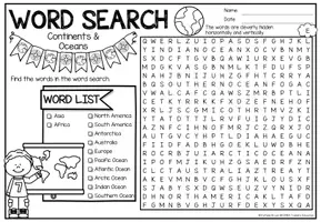 Vorschau - Arbeitsblätter - Word Search Puzzle (Continents & Oceans) | Geography NO PREP Activity - Seite 1