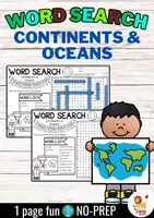 Aperçu - Feuilles d'exercices - Word Search Puzzle (Continents & Oceans) | Geography Continents et océans Géographie Anglais - Page de couverture