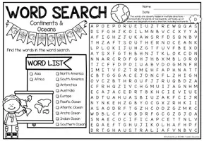 anteprima - Esercizi - Word Search Puzzle (Continents & Oceans) | Geography Continenti e Oceani Geografia Inglese - Pagina 2