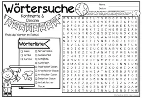 Aperçu - Feuilles d'exercices - Wörtersuche Puzzle / Suchsel (Kontinente & Ozeane) Erdkunde Continents et océans Géographie Allemand - Page 1