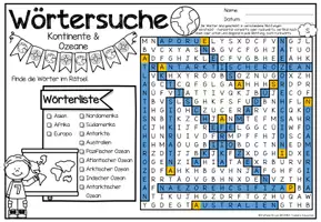 Aperçu - Feuilles d'exercices - Wörtersuche Puzzle / Suchsel (Kontinente & Ozeane) Erdkunde Continents et océans Géographie Allemand - Page 2