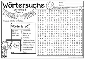Aperçu - Feuilles d'exercices - Wörtersuche Puzzle / Suchsel (Kontinente & Ozeane) Erdkunde Continents et océans Géographie Allemand - Page 3