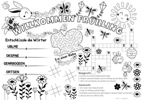 Vorschau - Arbeitsblätter - Ausmalbilder Frühling - Spiel- & Rätselmatte "Frühling" | Frühling Rätsel | Aufgaben für Schnelle | Ich bin fertig Aufgaben | Lückenfüller - Seite 1