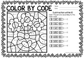 Aperçu - Feuilles d'exercices - Color by code - Subtraction within 10 (Valentine's Day) | Saint Valentin Soustraction Mathématiques Anglais - Page 2