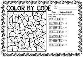 Aperçu - Feuilles d'exercices - Color by code - Subtraction within 10 (Valentine's Day) | Saint Valentin Soustraction Mathématiques Anglais - Page 3