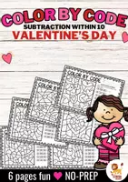 Aperçu - Feuilles d'exercices - Color by code - Subtraction within 10 (Valentine's Day) | Saint Valentin Soustraction Mathématiques Anglais - Page de couverture