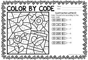 Voorbeeld - Color by code - Subtraction within 10 (Valentine's Day) | Valentijnsdag Wiskunde Engels - Pagina 1