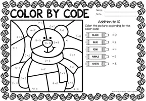 Aperçu - Feuilles d'exercices - Color by code - Addition to 10 (Winter) Hiver Additions Mathématiques Anglais - Page 1