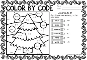 Aperçu - Feuilles d'exercices - Color by code - Addition to 10 (Winter) Hiver Additions Mathématiques Anglais - Page 3