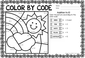 Aperçu - Feuilles d'exercices - Color by code - Addition to 10 (Spring) Printemps Additions Mathématiques Anglais - Page 1