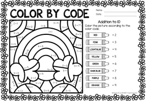 Aperçu - Feuilles d'exercices - Color by code - Addition to 10 (Spring) Printemps Additions Mathématiques Anglais - Page 3