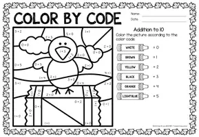 Aperçu - Feuilles d'exercices - Color by code - Addition to 10 (Fall) Automne Additions Mathématiques Anglais - Page 1