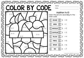 Aperçu - Feuilles d'exercices - Color by code - Addition to 10 (Fall) Automne Additions Mathématiques Anglais - Page 2
