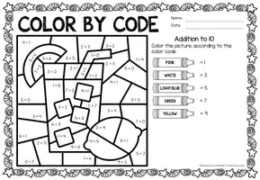 Aperçu - Feuilles d'exercices - Color by code - Addition to 10 (Summer) Été Additions Mathématiques Anglais - Page 1