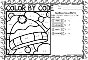 Aperçu - Feuilles d'exercices - Color by code - Subtraction within 10 (Winter) Hiver Soustraction Mathématiques Anglais - Page 1