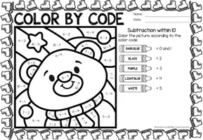 Aperçu - Feuilles d'exercices - Color by code - Subtraction within 10 (Winter) Hiver Soustraction Mathématiques Anglais - Page 2