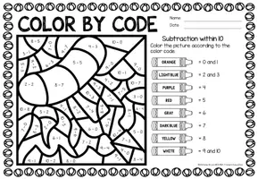 Aperçu - Feuilles d'exercices - Color by code - Subtraction within 10 (Summer) Été Soustraction Mathématiques Anglais - Page 1