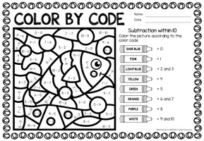 Aperçu - Feuilles d'exercices - Color by code - Subtraction within 10 (Summer) Été Soustraction Mathématiques Anglais - Page 3