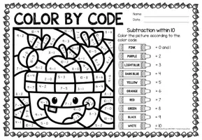 Aperçu - Feuilles d'exercices - Color by code - Subtraction within 10 (Fall) Automne Soustraction Mathématiques Anglais - Page 2