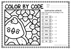 Προεπισκόπηση - Φύλλα εργασίας - Color by code - Subtraction within 10 (Spring) Άνοιξη Αφαίρεση Μαθηματικά Αγγλικά - Σελίδα 3